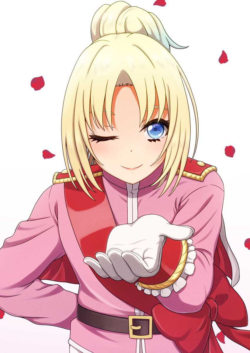 1girl, ;), absurdres, arm_behind_back, blonde_hair, blue_eyes, blue_hair, closed_mouth