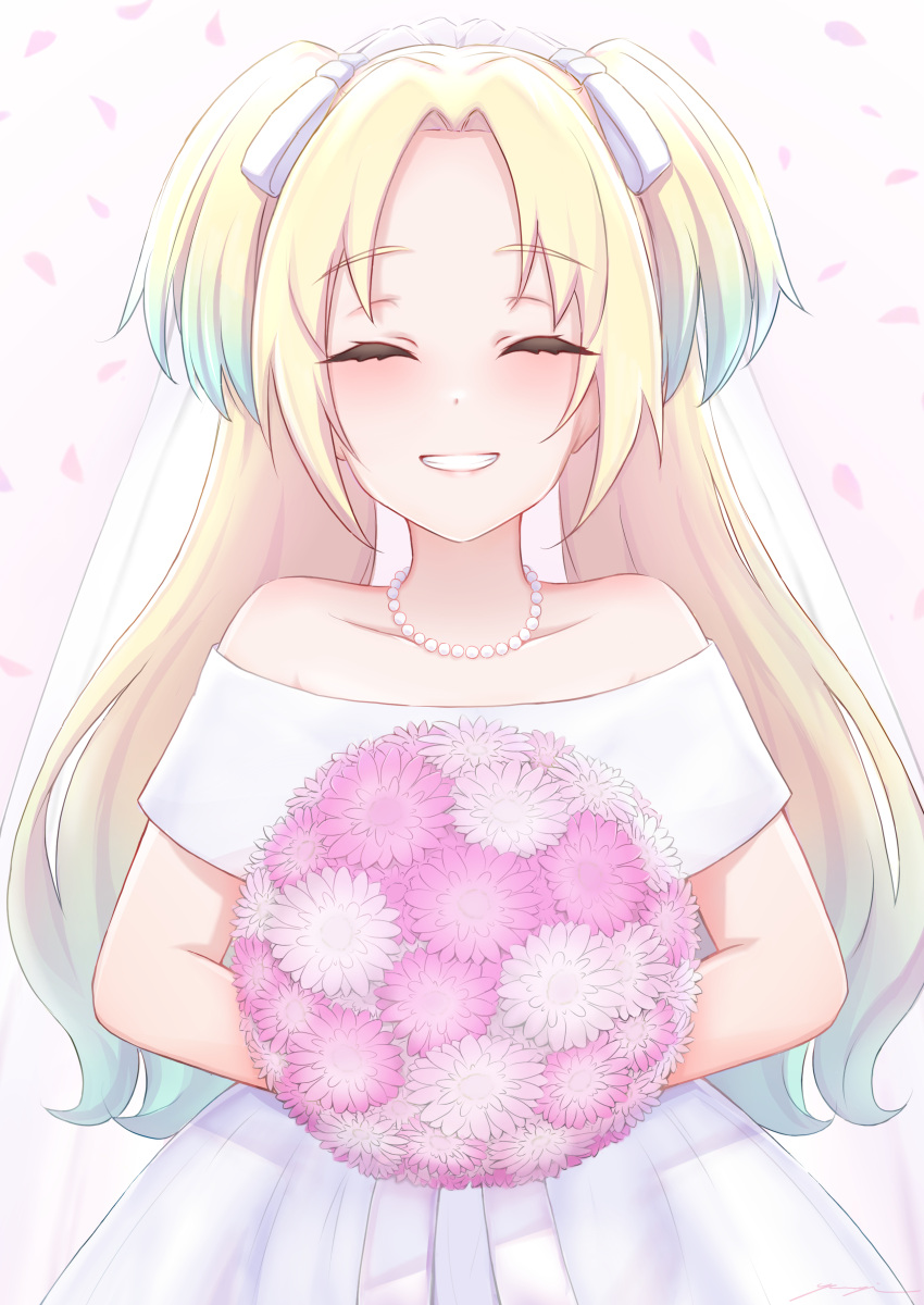 1girl, ^_^, absurdres, blonde_hair, blue_hair, bouquet, closed_eyes, collarbone