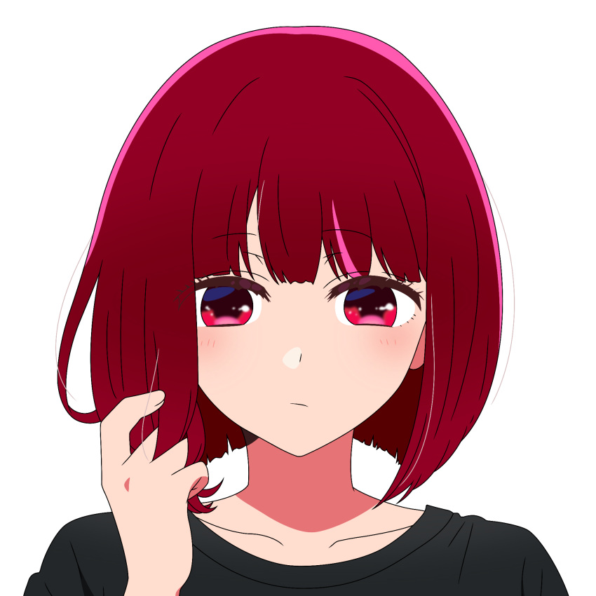 1girl, arima_kana, black_shirt, bob_cut, closed_mouth, hands_in_hair, highres, looking_at_viewer