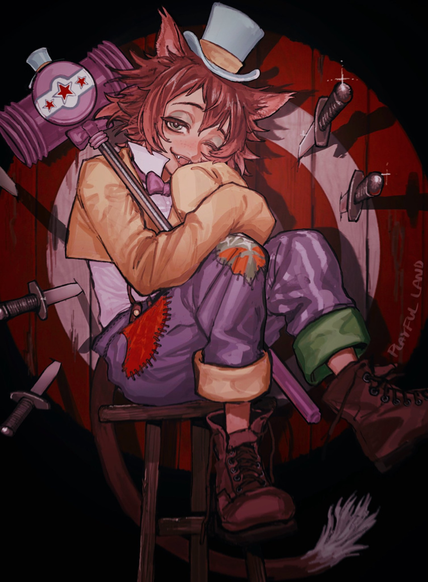 1boy, animal_ears, boots, brown_hair, cat_boy, cat_ears, cat_tail, dagger