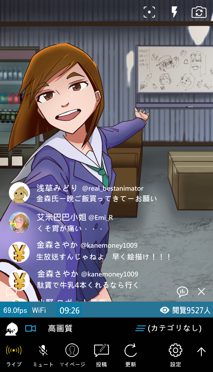 1girl, :d, absurdres, asakusa_midori, blazer, blue_jacket, blue_skirt, blunt_bangs
