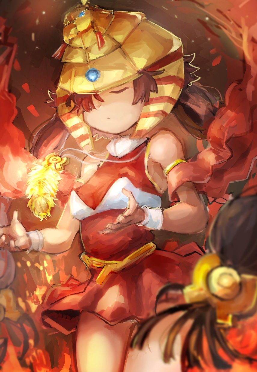 1girl, black_hair, breasts, closed_eyes, conductor_of_nephthys, dark_skin, dress, duel_monster