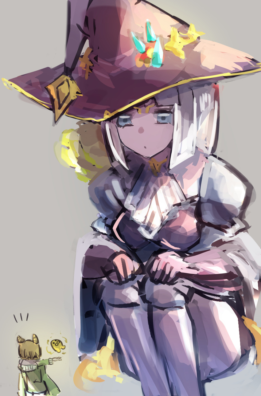 2girls, blue_eyes, blunt_ends, colored_skin, doll_joints, duel_monster, giant, giantess