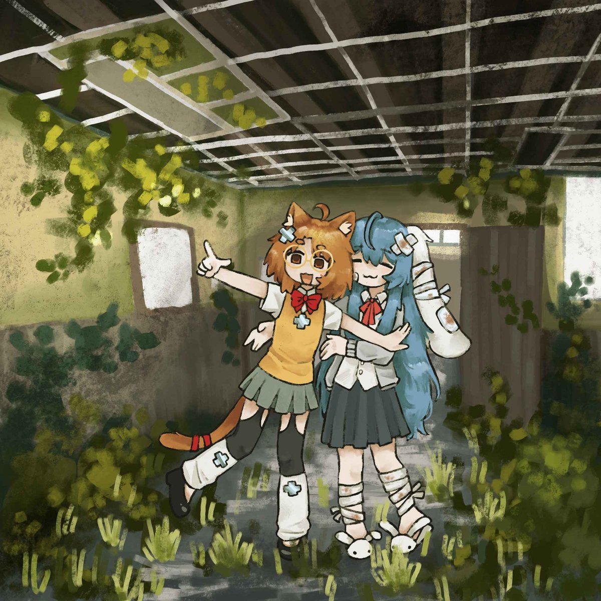 2girls, :3, abandoned, ahoge, animal_ear_fluff, animal_ears, animal_slippers, bandaged_leg