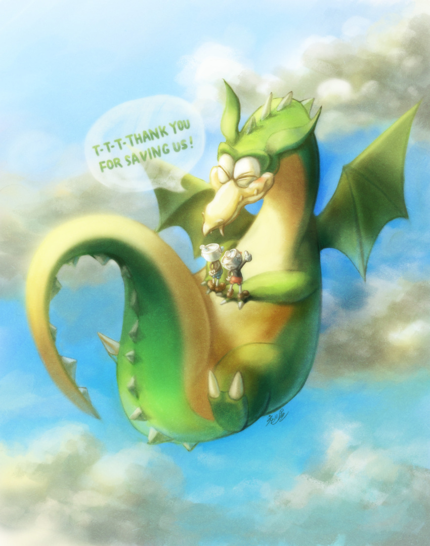 2girls, absurdres, arms_behind_back, blue_sky, claws, closed_eyes, closed_mouth, clouds