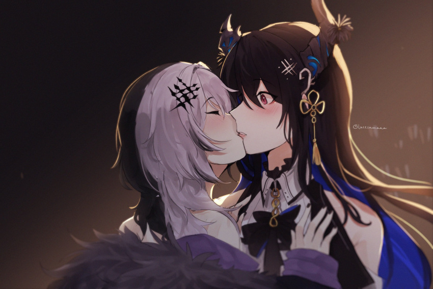 2girls, asymmetrical_horns, black_hair, blue_hair, blush, closed_eyes, colored_inner_hair, highres