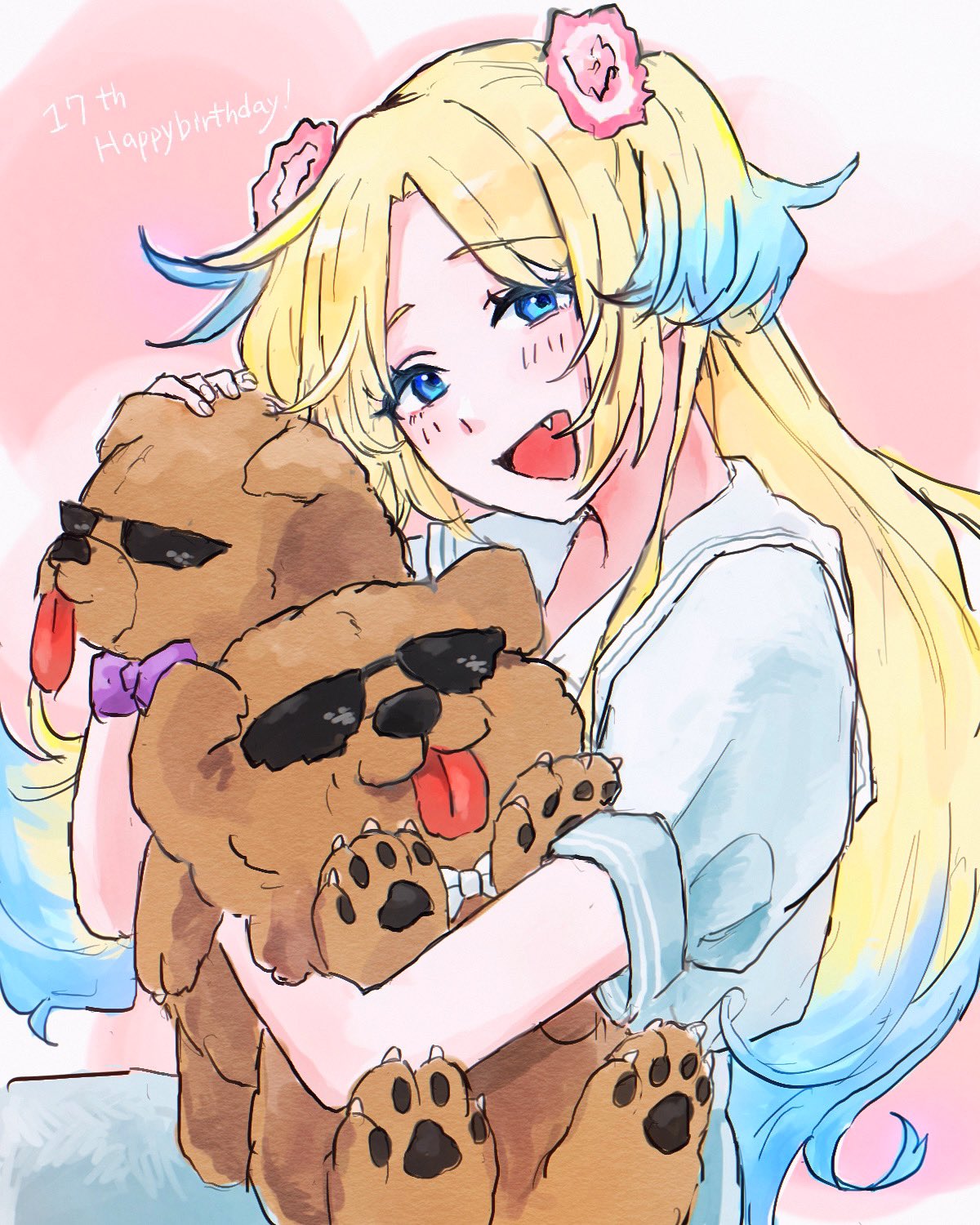 1girl, :d, animal, blonde_hair, blue_dress, blue_eyes, blue_hair, blush, bow, bowtie, character_age, chow_chow, clothed_animal, commentary, dog, dress, fang, flower, gradient_hair, hair_flower, hair_ornament, happy_birthday, hashtag-only_commentary, hasu_no_sora_school_uniform, headpat, highres, holding, holding_animal, holding_dog, light_blue_hair, link!_like!_love_live!, long_hair, looking_at_viewer, love_live!, multicolored_hair, osawa_rurino, parted_bangs, pink_flower, puffy_short_sleeves, puffy_sleeves, purple_bow, purple_bowtie, sailor_collar, sailor_dress, school_uniform, short_sleeves, smile, summer_uniform, sunglasses, tongue, tongue_out, twintails, upper_body, very_long_hair, virtual_youtuber, white_bow, white_bowtie, white_sailor_collar, yam5565
