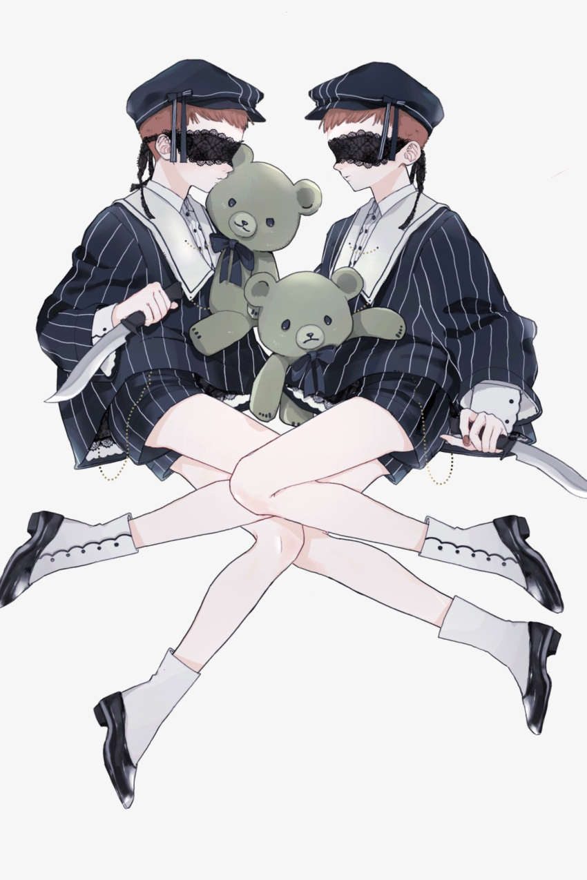 2boys, blindfold, boots, brothers, brown_hair, commentary, full_body, highres