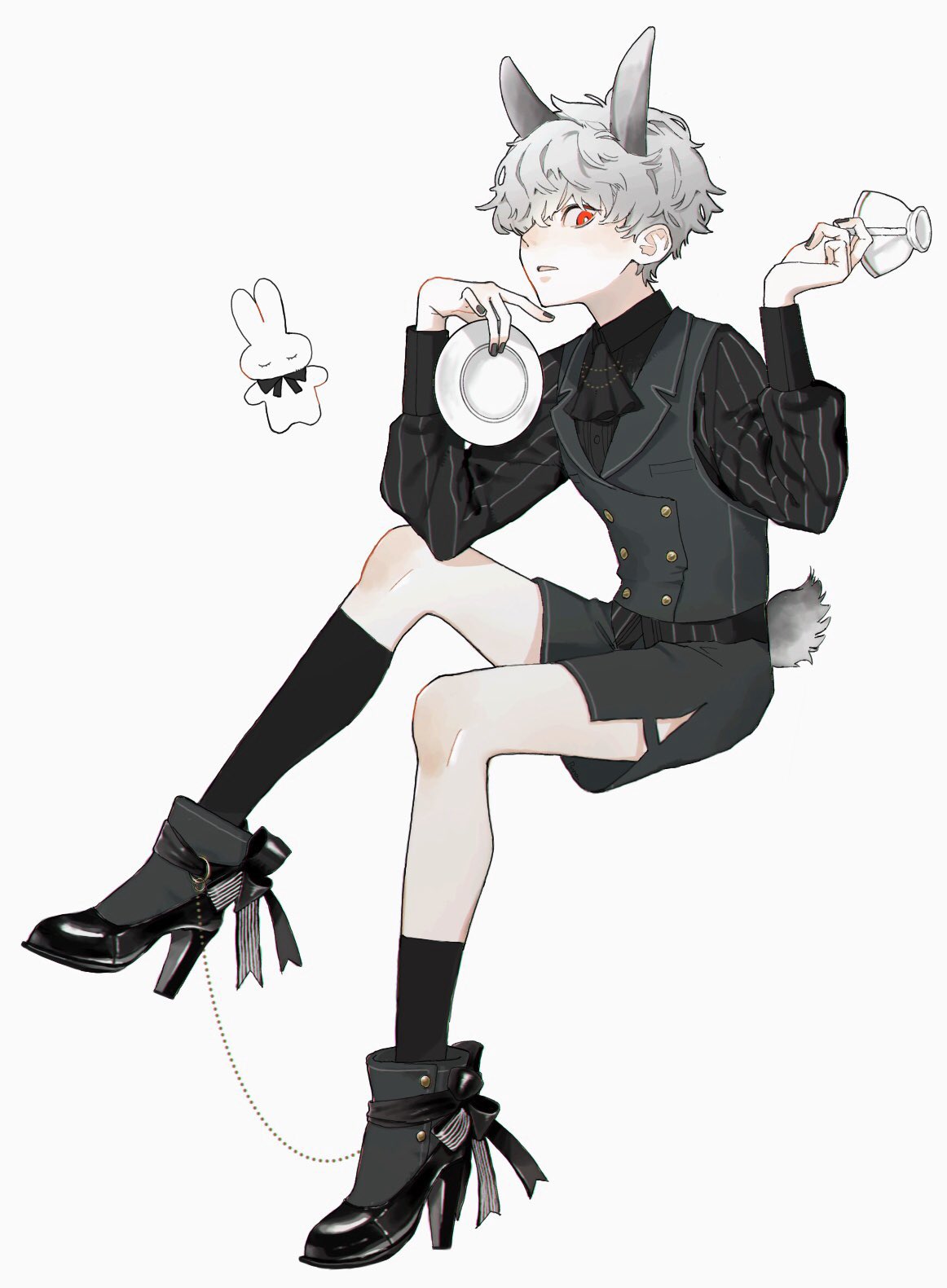 1boy, animal_ears, black_vest, boots, commentary, cup, full_body, grey_hair