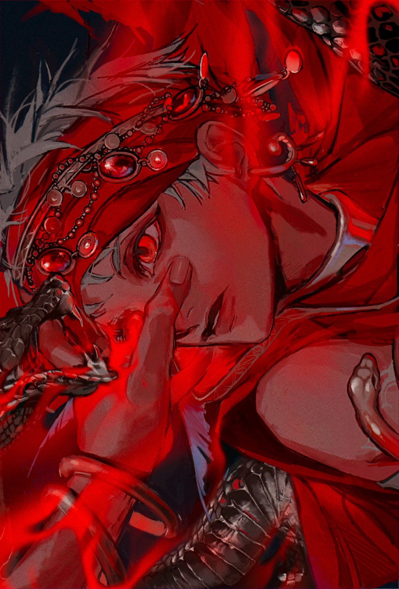 2boys, animal, arabian_clothes, commentary, grey_hair, hand_on_another's_face, head_chain, highres