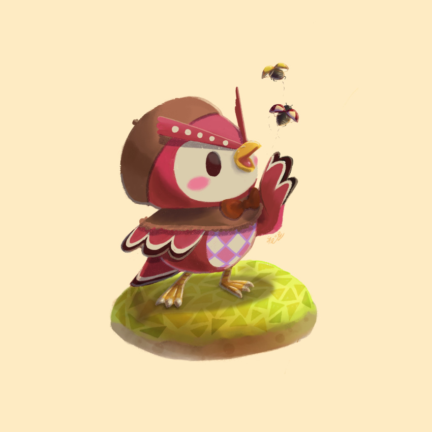 1girl, absurdres, animal_crossing, beret, blush_stickers, brown_background, brown_capelet, brown_hat
