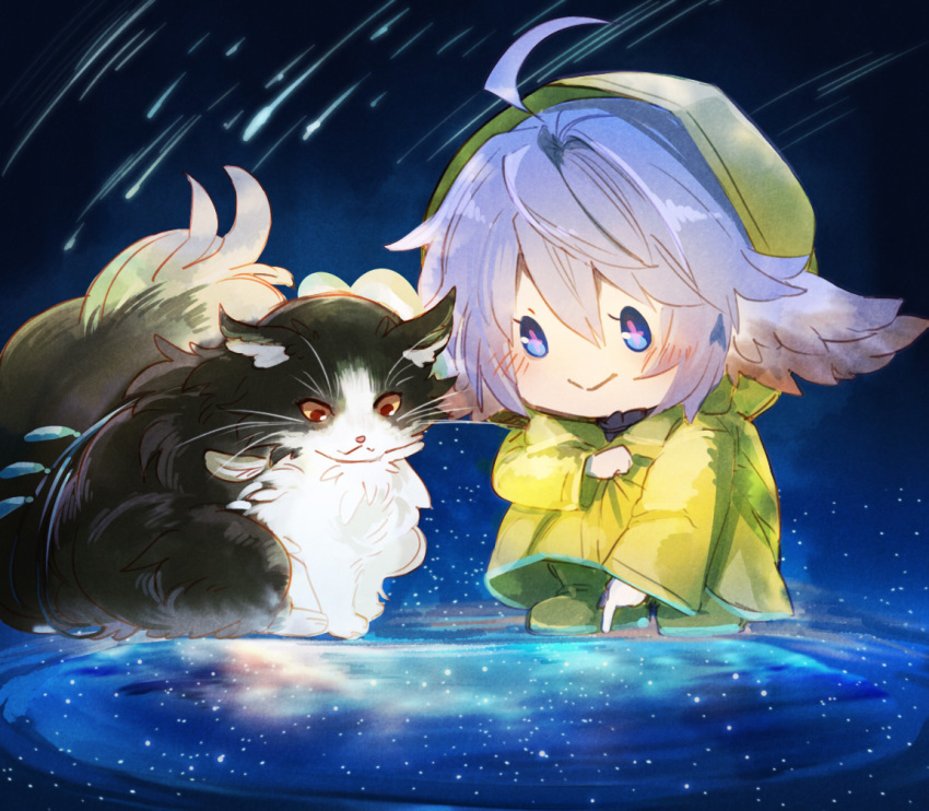 1girl, ahoge, animal, animal_ears, black_fur, blue_eyes, blue_hair, blush