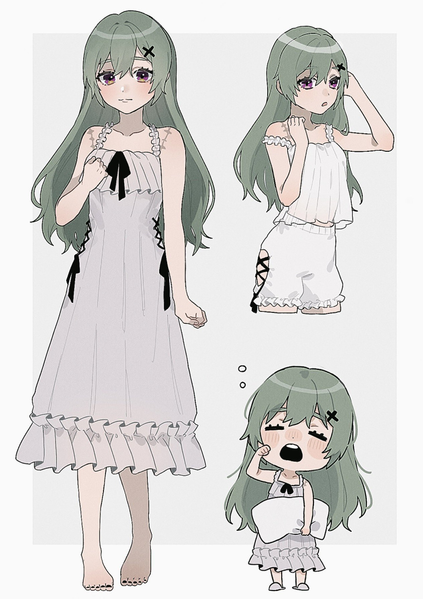 1girl, barefoot, blush, border, chibi, closed_mouth, collarbone, corin_wickes, cowboy_shot, dress, fingernails, full_body, grey_background, hair_between_eyes, highres, holding, holding_pillow, huzizi_2222, long_hair, multiple_views, nail_polish, open_mouth, outside_border, pillow, shorts, sidelocks, simple_background, sleepy, sleeveless, sleeveless_dress, toenail_polish, toenails, toes, violet_eyes, white_border, white_dress, white_shorts, zenless_zone_zero