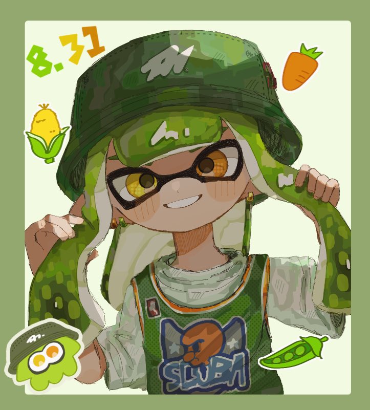 1girl, border, bucket_hat, carrot, corn, dated, green_border, green_hair