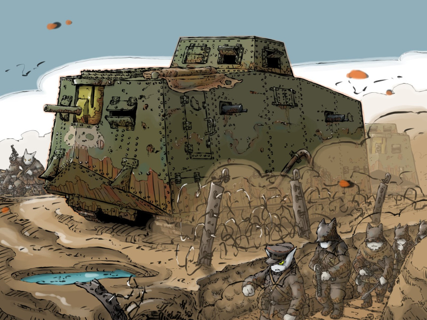 a7v_(tank), barbed_wire, blue_sky, cannon, clouds, combat_helmet, fence, fence_post, gun, helmet, highres, holding, holding_gun, holding_weapon, iron_fence, machine_gun, maxim_gun, mg08, military_vehicle, motor_vehicle, mp18, mud, original, puddle, sky, stahlhelm, submachine_gun, tank, trench, trench_mace, water, weapon, yabarn
