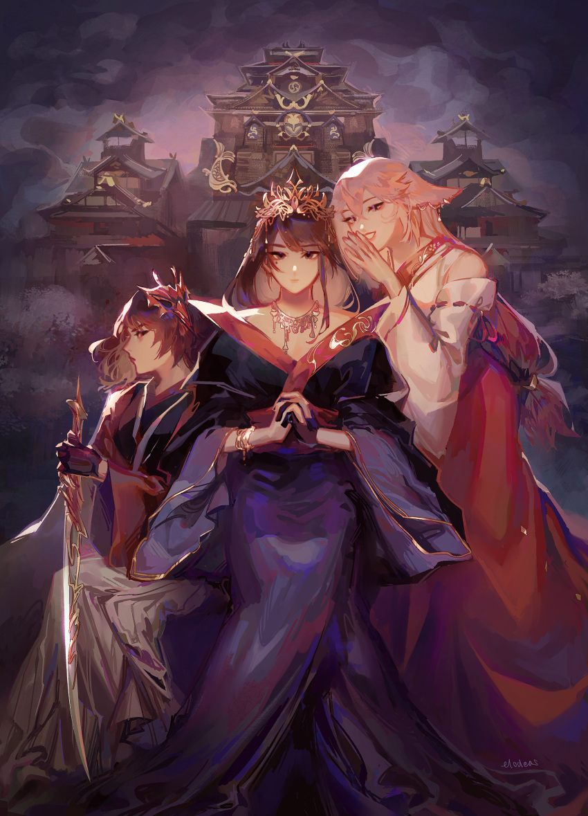 3girls, absurdres, alternate_color, alternate_costume, alternate_hairstyle, animal_ears, architecture, artist_name, black_gloves, black_hair, building, detached_sleeves, earrings, east_asian_architecture, elodeas, fox_ears, fox_girl, genshin_impact, gloves, hair_ornament, highres, holding, holding_sword, holding_weapon, inazuma_city, jewelry, kujou_sara, long_hair, looking_at_viewer, mole, mole_under_eye, multiple_girls, necklace, pink_hair, raiden_shogun, short_hair, smile, sword, weapon, whispering, yae_miko