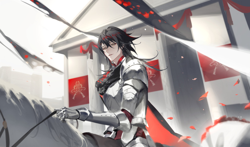 1boy, absurdres, alternate_costume, armor, banner, black_cape, black_hair, black_pants