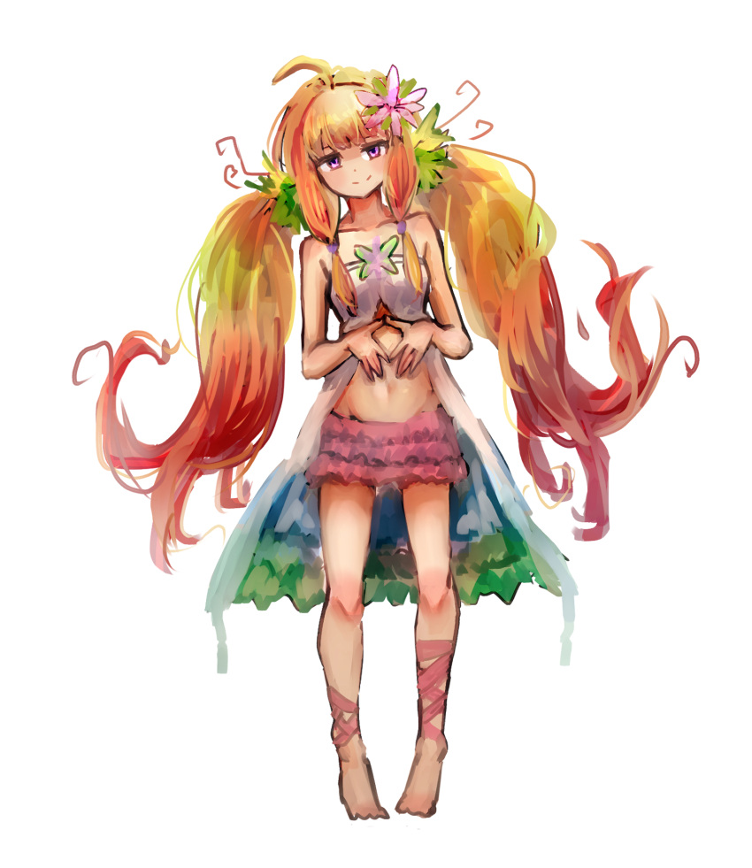 1girl, ahoge, barefoot, blonde_hair, dress, duel_monster, full_body, hatano_kiyoshi, highres, looking_at_viewer, midriff, navel, pink_skirt, skirt, sleeveless, sleeveless_dress, smile, solo, traptrix, traptrix_nepenthes, twintails, yu-gi-oh!