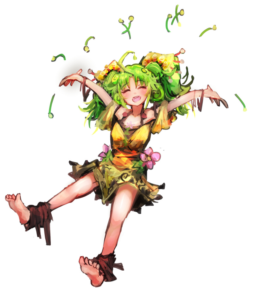 1girl, arms_up, barefoot, closed_eyes, dress, duel_monster, flower, full_body