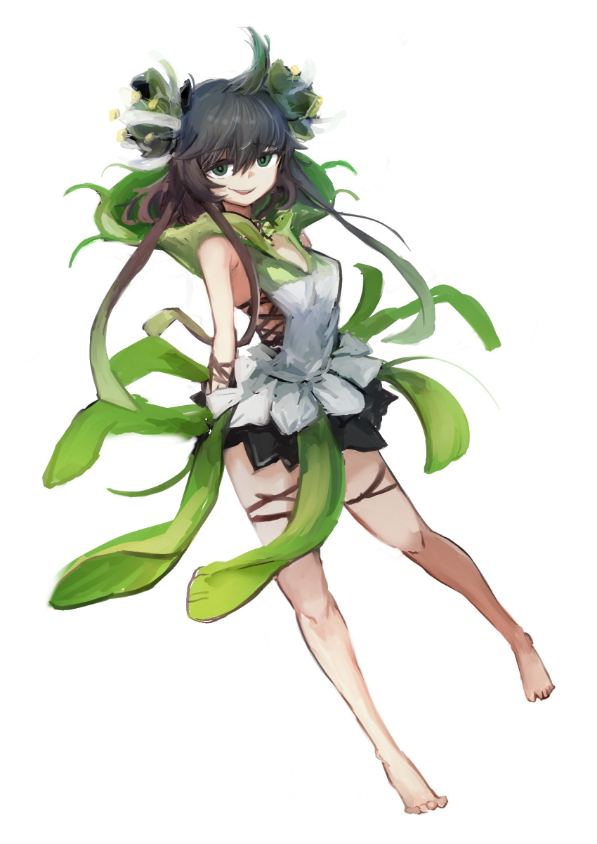 1girl, barefoot, black_hair, dress, duel_monster, full_body, green_eyes, hatano_kiyoshi