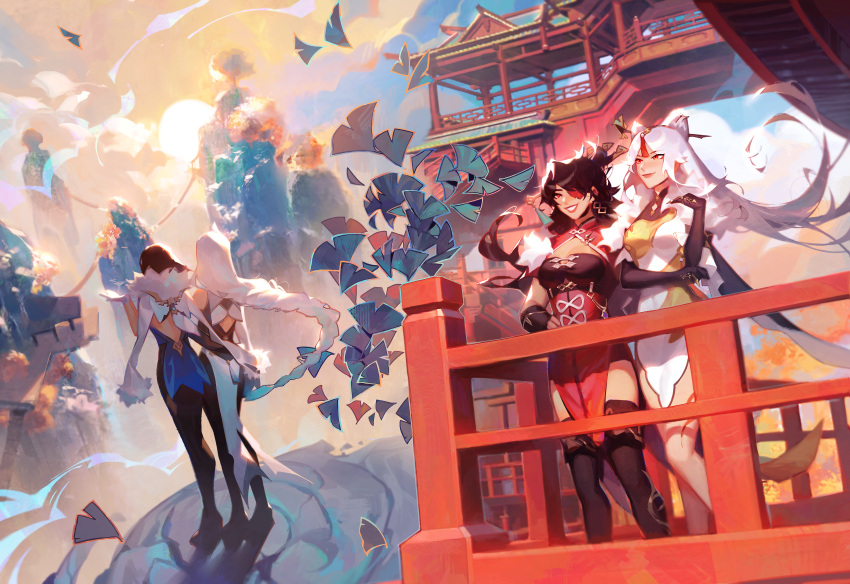 4girls, absurdres, architecture, beidou_(genshin_impact), black_hair, braid, brown_hair, china_dress