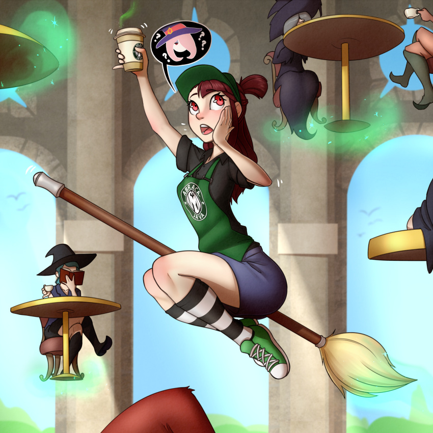 4girls, apron, arm_up, black_shirt, black_socks, broom, broom_riding, brown_eyes, brown_hair, collared_shirt, day, dress_shirt, floating_table, green_apron, green_footwear, highres, holding, kagari_atsuko, kneehighs, little_witch_academia, looking_up, multiple_girls, outdoors, pudgeruffian, shirt, shoes, short_sleeves, skirt, sneakers, socks, solo_focus, starbucks, striped_clothes, striped_socks, sucy_manbavaran, white_socks