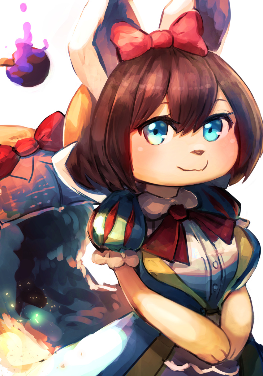 1girl, blue_dress, blue_eyes, bob_cut, brown_hair, dress, duel_monster, fairy_tail_snow