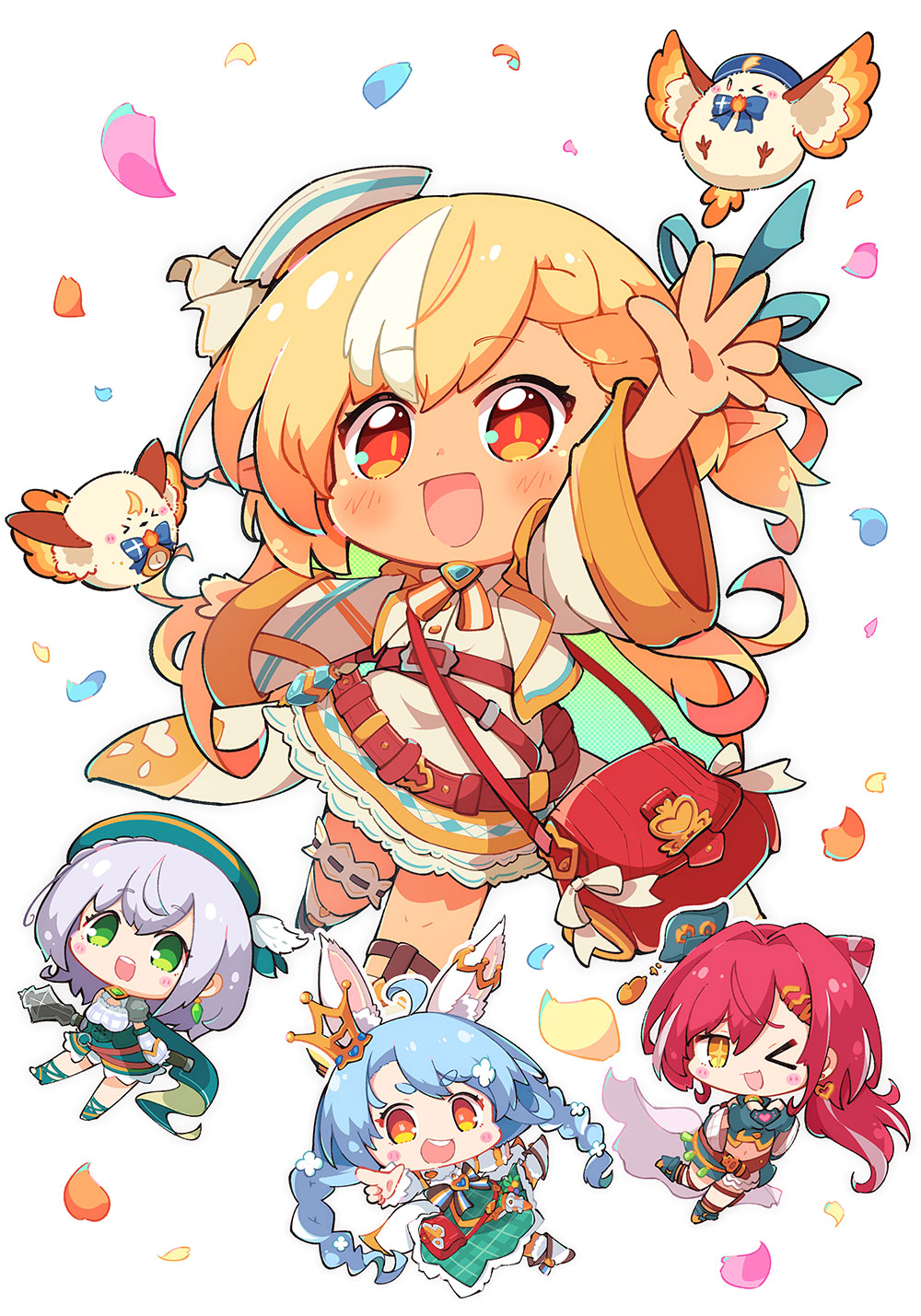 4girls, :d, blush, chibi, chibi_only, commentary_request, dark-skinned_female, dark_skin, dress, elf, elfriend_(shiranui_flare), falling_petals, highres, hololive, hololive_fantasy, houshou_marine, houshou_marine_(reality_fantasy), long_hair, looking_at_viewer, multicolored_hair, multiple_girls, nokiri, official_alternate_costume, official_alternate_hairstyle, open_mouth, orange_eyes, petals, pointy_ears, shiranui_flare, shiranui_flare_(reality_fantasy), shirogane_noel, shirogane_noel_(reality_fantasy), smile, streaked_hair, usada_pekora, usada_pekora_(reality_fantasy), virtual_youtuber, white_dress