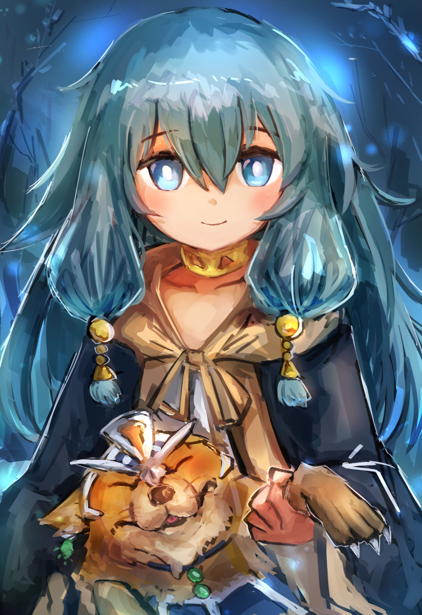 1girl, absurdres, animal, ariel_(yu-gi-oh!), blue_eyes, blue_hair, cloak, collar, duel_monster, fox, hatano_kiyoshi, highres, long_hair, looking_at_viewer, sidelocks, smile, solo, speaker_for_the_ice_barriers, yu-gi-oh!