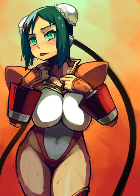 android, arcana_heart, breasts, double_bun, eric_muentes, green_eyes, huge_breasts, leotard