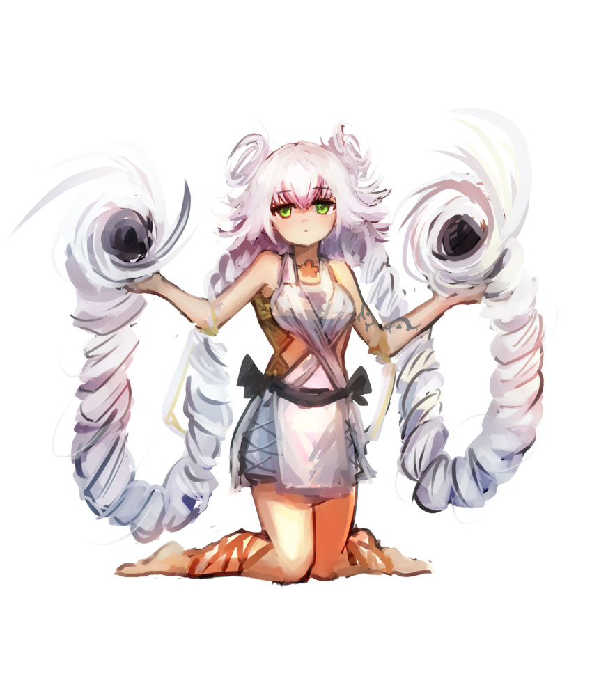 1girl, absurdly_long_hair, barefoot, dress, duel_monster, full_body, green_eyes, grey_hair