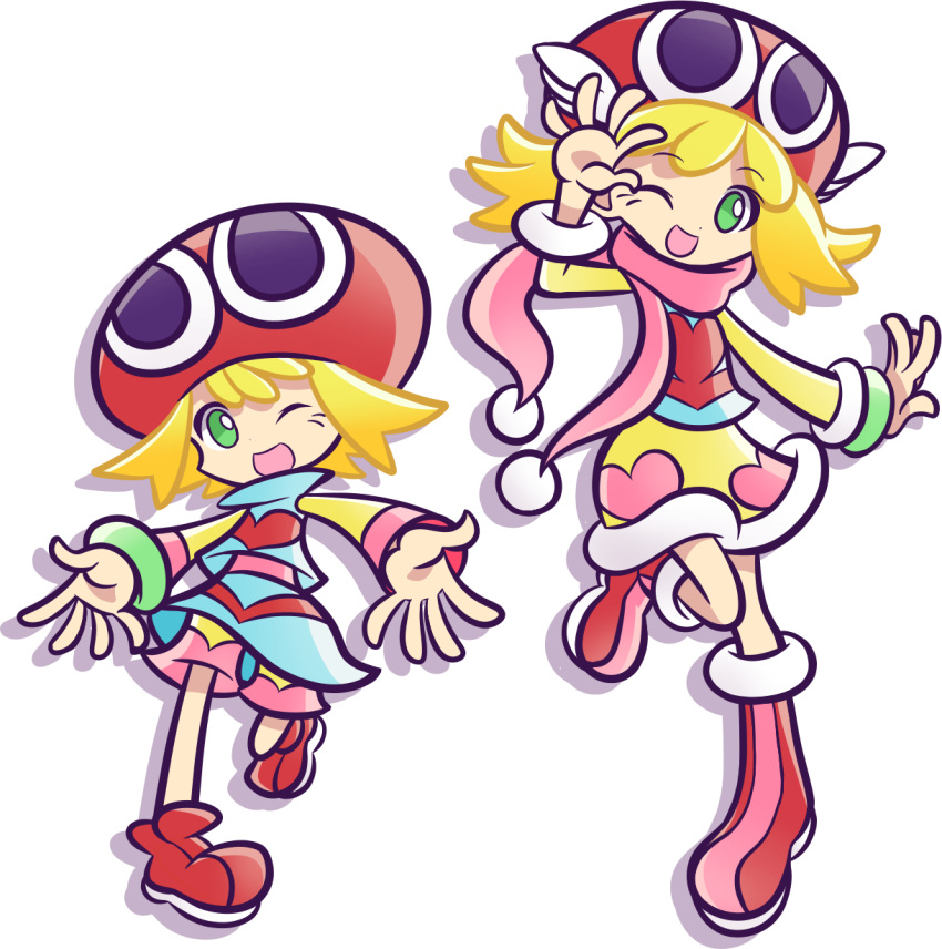 2girls, ;d, age_comparison, age_difference, amitie_(puyopuyo), arm_up, blonde_hair, blue_shirt, blue_skirt, boots, character_hat, child, deformed, dorsiflexion_(wrist), dot_nose, double-parted_bangs, dual_persona, full_body, fur-trimmed_boots, fur-trimmed_pants, fur-trimmed_sleeves, fur_trim, green_eyes, happy, hat, heart, heart_print, highres, knee_up, long_sleeves, looking_at_viewer, mega_amitie, mini_amitie, multiple_girls, no_pupils, official_style, one_eye_closed, open_hands, open_mouth, pants, pimyuhuwa, pink_footwear, pink_scarf, pink_shorts, pom_pom_(clothes), puyo_(puyopuyo), puyopuyo, puyopuyo_7, red_hat, red_shirt, scarf, shirt, shoes, shorts, shorts_under_skirt, side-by-side, simple_background, skirt, smile, standing, standing_on_one_leg, striped_clothes, striped_footwear, transparent_background, two-tone_footwear, two-tone_shirt, two-tone_shorts, winged_hat, yellow_sleeves