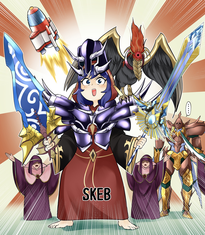 1boy, 1girl, 2others, absurdres, armor, barefoot, commission, dual_wielding, duel_monster, dunnel_the_noble_arms_of_light, emphasis_lines, full_body, highres, holding, lo_the_prayers_of_the_voiceless_voice, mage_power, metalsilver_armor, multiple_others, red_robe, robe, rocket, sawan_cutman, skeb_commission, skull_guardian_protector_of_the_voiceless_voice, smile, standing, supermagic_sword_of_raptinus, vengeful_servant, watermark, yu-gi-oh!