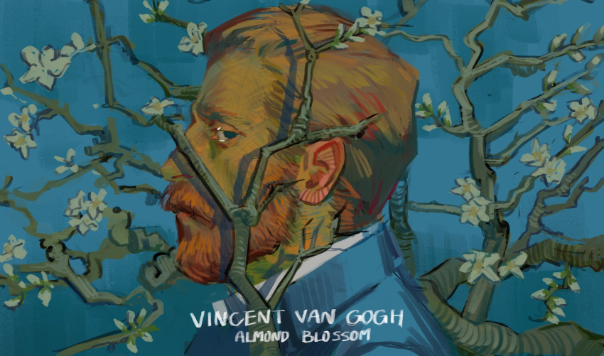 1boy, almond_blossoms_(van_gogh), aqua_background, beard_over_mouth, close-up, closed_mouth, from_side, highres