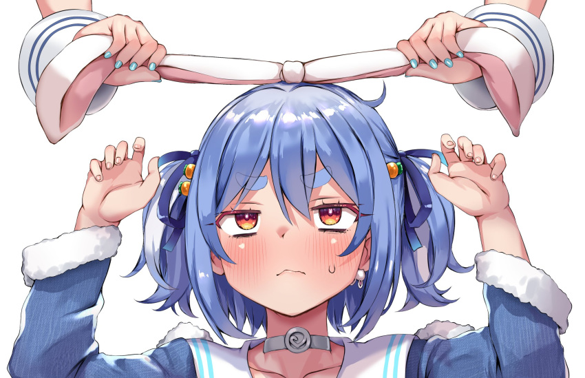 2girls, animal_ears, atahuta, blue_hair, blue_jacket, blue_nails, blue_ribbon, blush