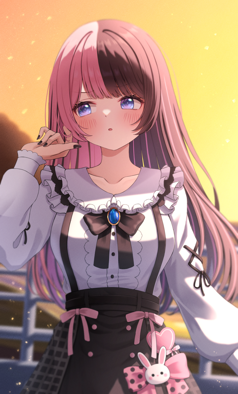 1girl, black_bow, black_skirt, blue_gemstone, blurry, blurry_background, blush, bow