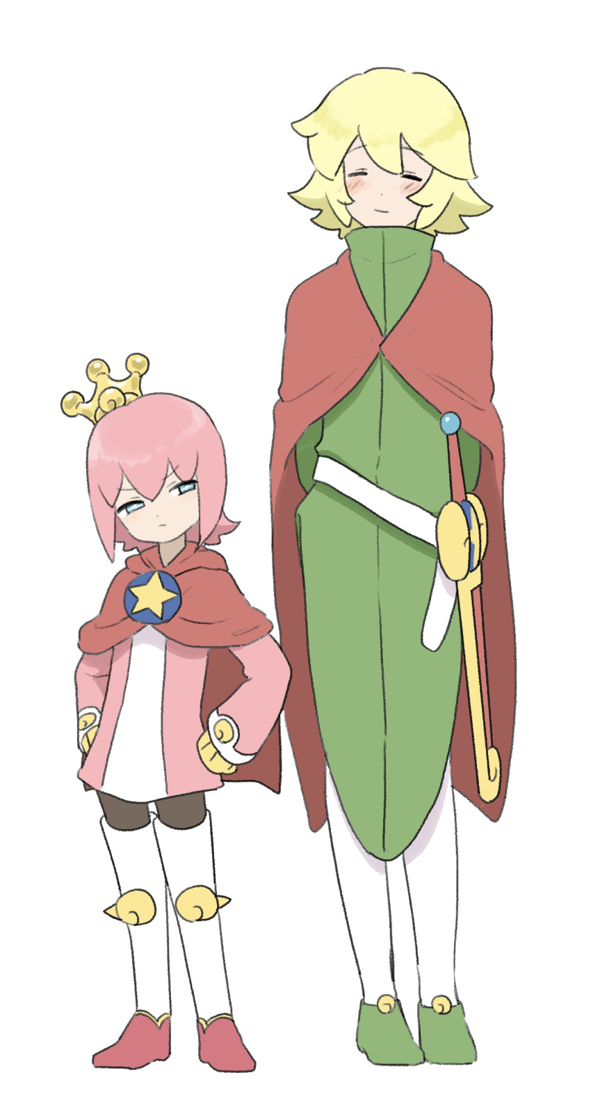2boys, age_difference, belt, black_pantyhose, blonde_hair, boots, brooch, cape