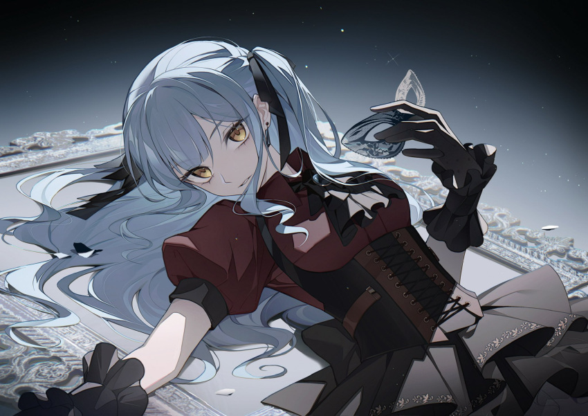 1girl, ascot, bang_dream!, bang_dream!_it's_mygo!!!!!, black_ascot, black_corset, black_mask, black_ribbon