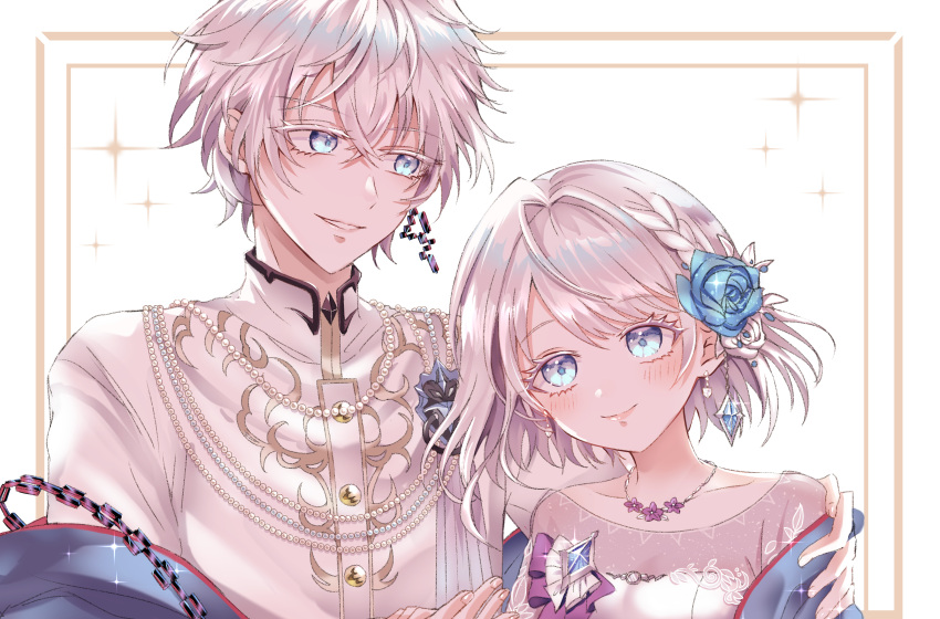 1boy, 1girl, absurdres, blue_flower, blue_rose, brother_and_sister, earrings, flower
