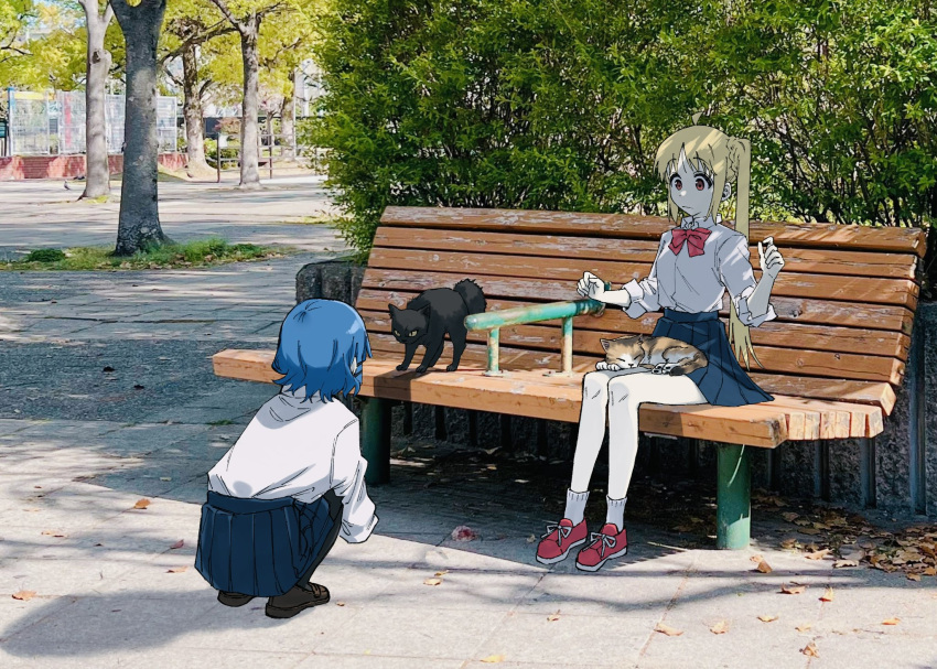 2girls, ahoge, animal_on_lap, bad_id, bad_twitter_id, bench, black_cat, blonde_hair