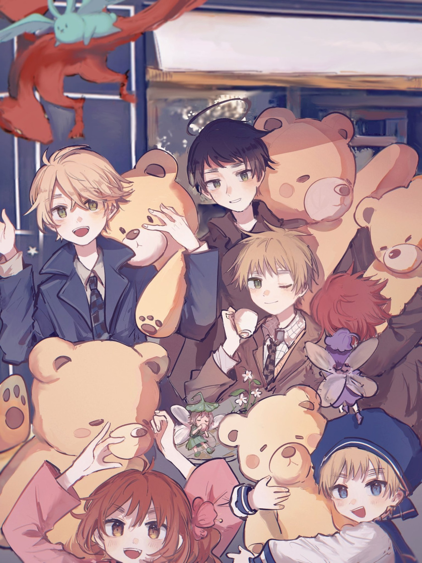 1girl, 5boys, :d, ahoge, axis_powers_hetalia, beret, black_hair, blonde_hair