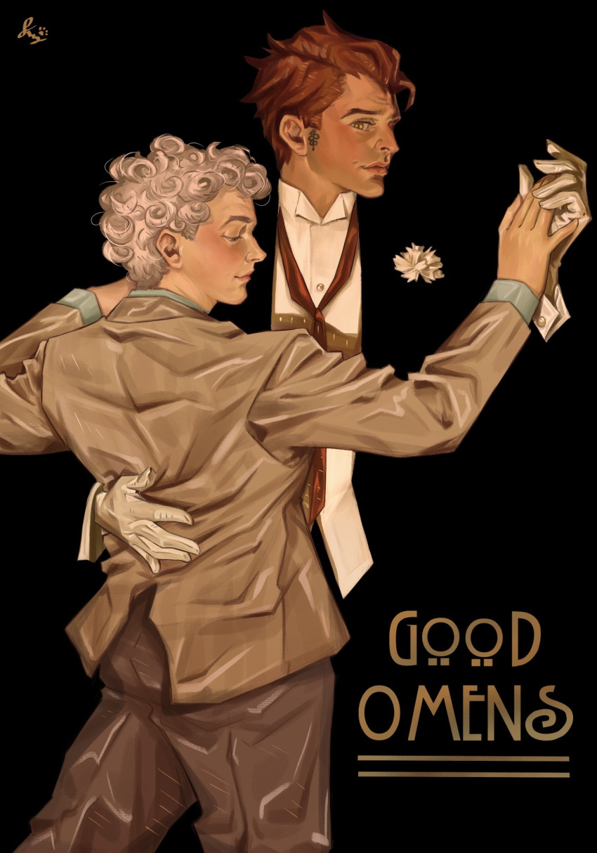 2boys, angel, animal_ear_tattoo, art_nouveau, aziraphale_(good_omens), black_background, black_pants, black_suit, blue_shirt, blush, brown_pants, brown_suit, clip_studio_paint_(medium), closed_eyes, closed_mouth, collared_shirt, corsage, cowboy_shot, crowley_(good_omens), demon_boy, formal, from_side, gloves, good_omens, hand_on_another's_waist, highres, holding_hands, j._c._leyendecker_(style), kuronekoartsblog, looking_at_viewer, man_and_woman_dancing_(leyendecker), multiple_boys, necktie, open_suit, pants, red_necktie, redhead, shirt, short_hair, slit_pupils, snake_tattoo, suit, tattoo, white_gloves, white_hair, white_shirt, yellow_eyes