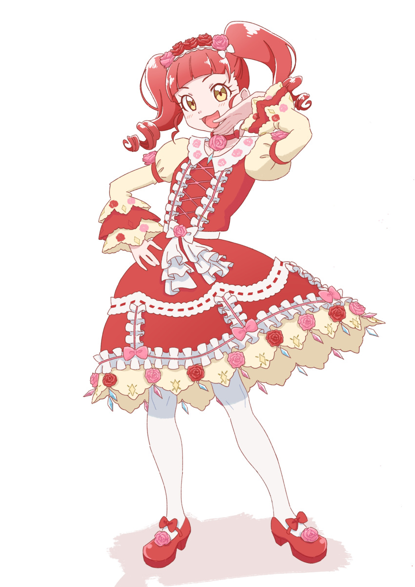 :d, a_(toitoitoioekk), absurdres, akagi_anna, blue_gemstone, blunt_bangs, blush, bow, choker, contrapposto, curly_hair, dot_nose, dress, dress_flower, flower, footwear_bow, frilled_dress, frills, gem, hair_flower, hair_ornament, hand_on_own_hip, hand_up, highres, kiratto_pri_chan, legs_apart, long_hair, long_sleeves, medium_dress, neck_flower, ojou-sama_pose, pantyhose, pink_flower, pretty_series, red_choker, red_dress, red_flower, red_footwear, redhead, shadow, shoes, simple_background, smile, standing, twintails, v-shaped_eyebrows, white_background, white_bow, white_pantyhose, wide_sleeves, yellow_eyes