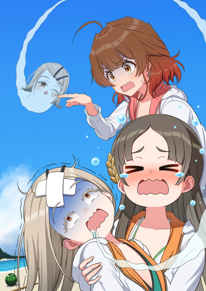 >_<, 3girls, ball, bandaid, bandaid_on_head, beach, beachball, bikini, bikini_under_clothes, black_hair, blush, brown_hair, crossed_bandaids, crying, drooling, earrings, gakuen_idolmaster, giving_up_the_ghost, hanami_ume, highres, hood, hooded_jacket, hug, idolmaster, jacket, jacket_over_swimsuit, jewelry, kimi_to_semi_blue_(idolmaster), kuramoto_china, light_brown_hair, multiple_girls, nose_blush, osoba_susurukun, outdoors, saliva, shinosawa_hiro, stud_earrings, sweatdrop, swimsuit, tears, trembling, turn_pale, two-sided_fabric, two-sided_jacket, watermelon_beachball, wavy_mouth, white_jacket