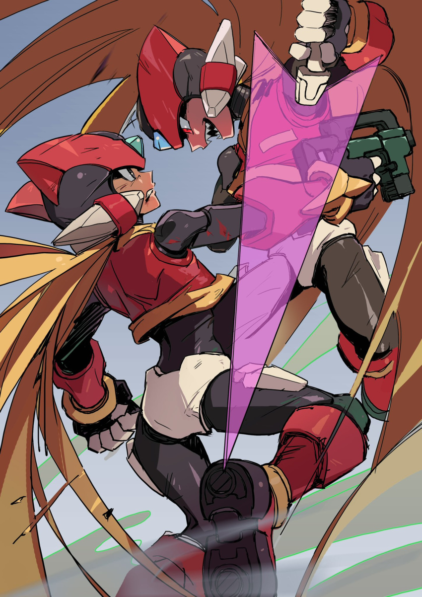 2boys, android, armor, battle, black_eyes, blonde_hair, energy_gun, energy_sword