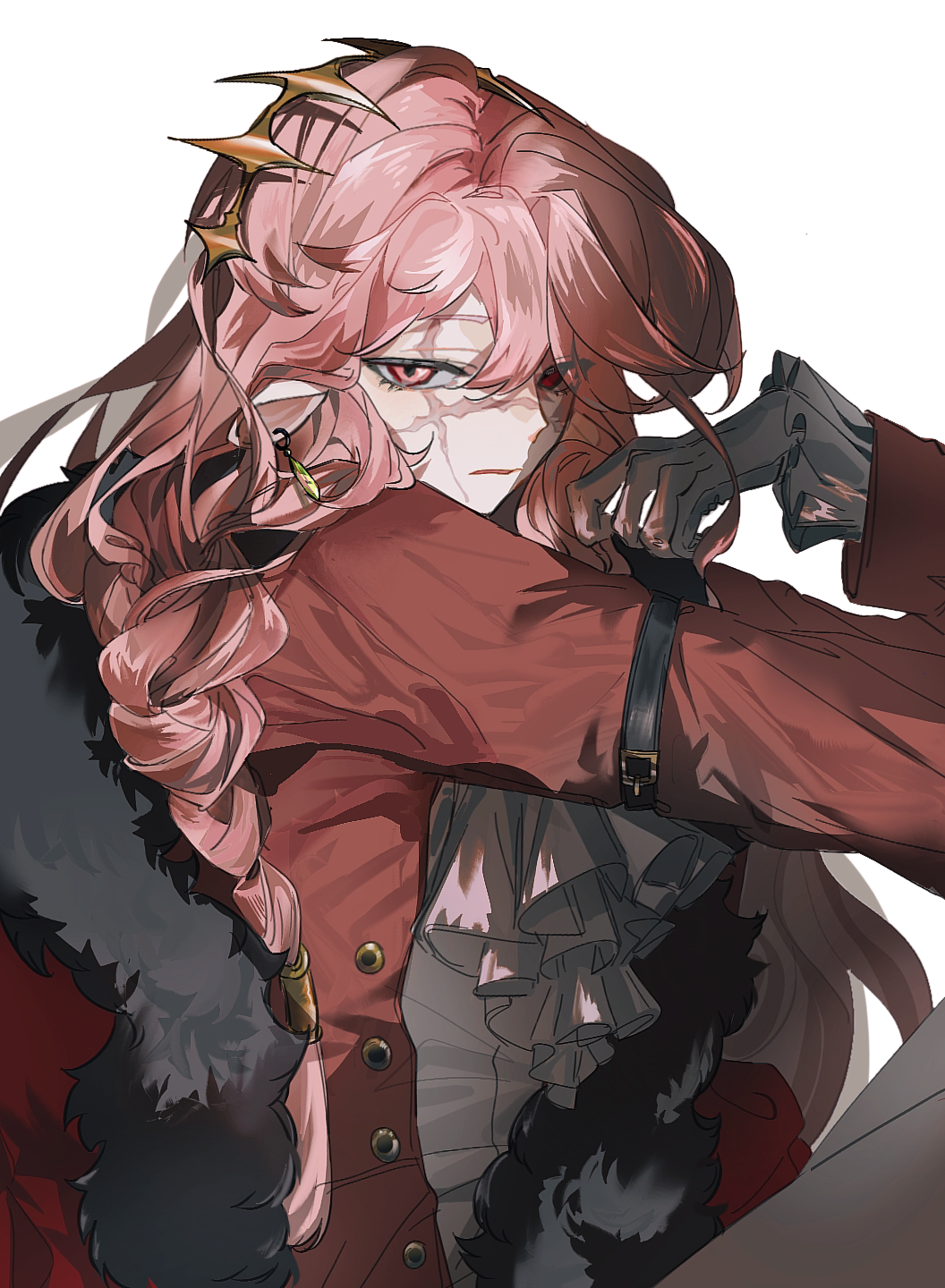 1boy, alternate_costume, androgynous, animification, ascot, bishounen, braid, braided_ponytail, chinese_commentary, coat, commentary_request, crown, crystal_earrings, dream_smp, earrings, formal, from_side, fur-trimmed_coat, fur_trim, gem, gloves, green_gemstone, hair_between_eyes, highres, humanization, jewelry, long_hair, long_sleeves, looking_at_viewer, male_focus, minecraft_youtube, ouji_fashion, pink_hair, red_coat, red_eyes, scar, scar_on_face, shirt, simple_background, single_braid, single_earring, sinuezhixi, solo, technoblade, variant_set, white_ascot, white_background, white_gloves, white_shirt