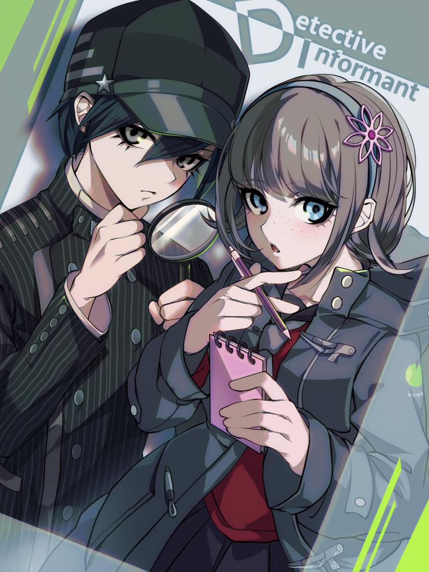 1boy, 1girl, :o, black_hair, black_jacket, blush, breasts, brown_eyes