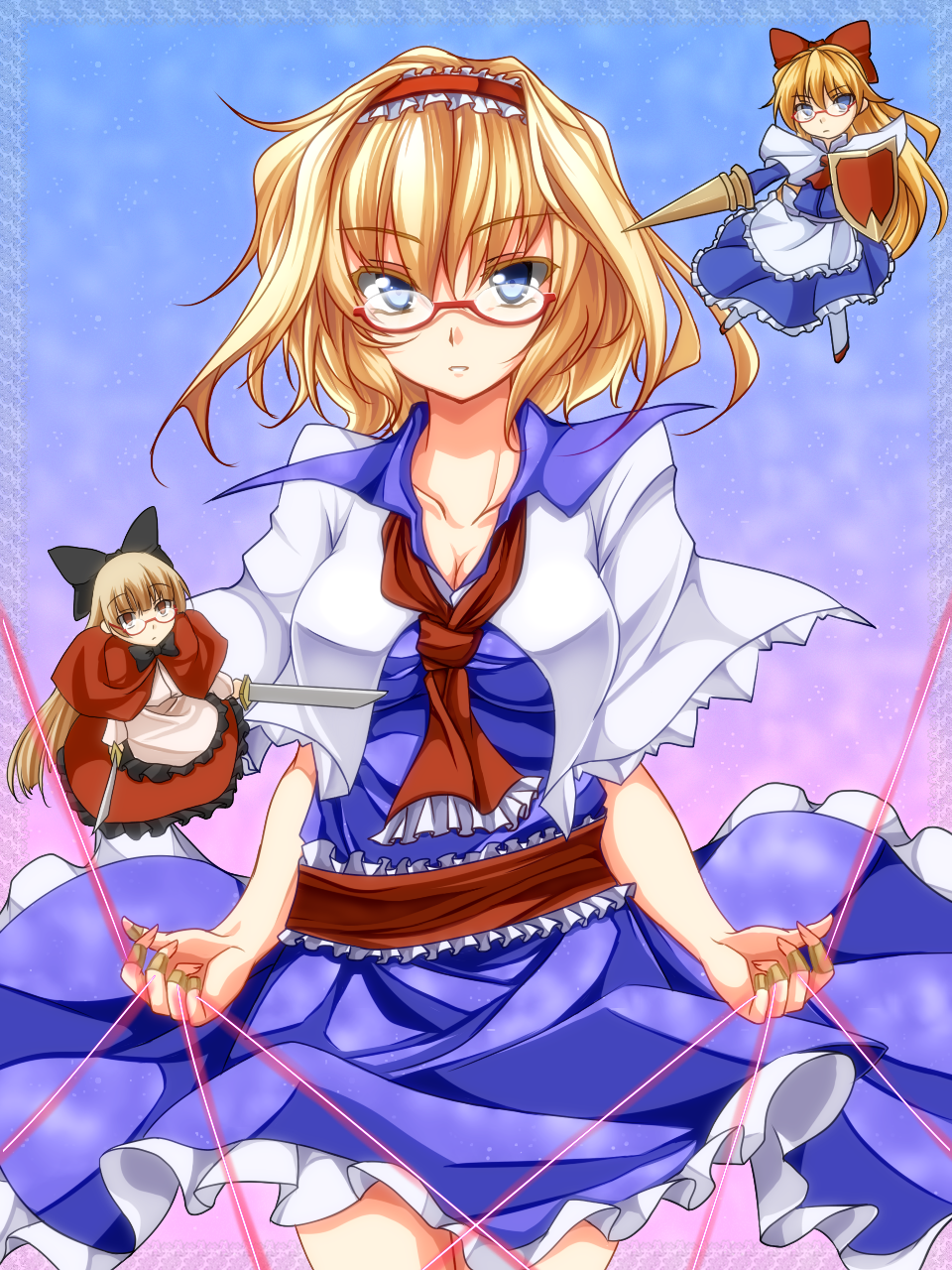 alice_margatroid, ascot, bespectacled, blonde_hair, blue_eyes, bow, breasts, capelet