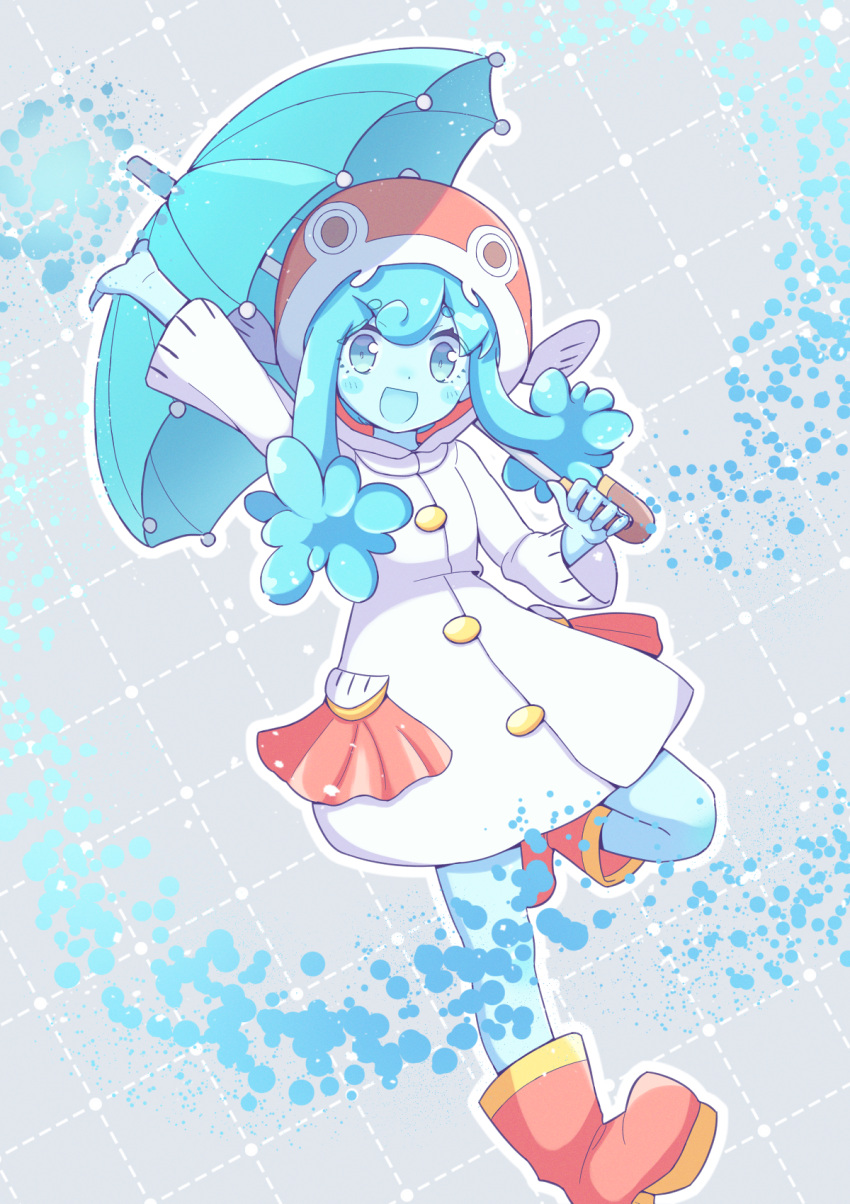 1girl, arm_up, blue_eyes, blue_mouth, blue_skin, blue_umbrella, coat_dress, colored_skin