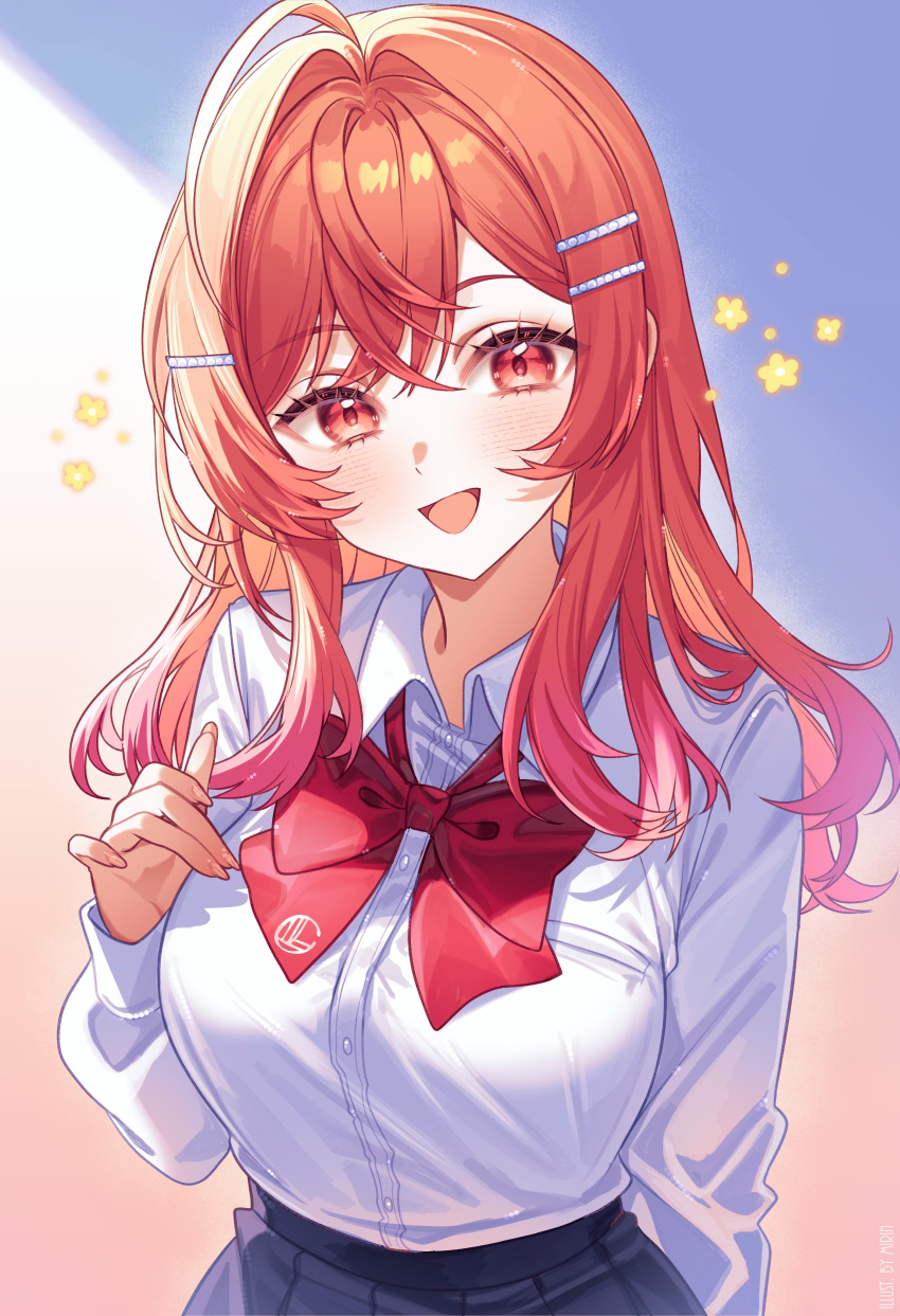 1girl, :d, absurdres, ahoge, alternate_costume, black_skirt, blush, bow
